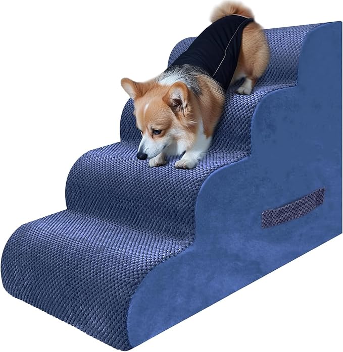 PAWSCART Dog Stairs for Small Dogs and Cats, 4-Step Dog Steps for Bed, 19.6" H Pet Stairs for High Bed, Pet Ramp for Couch, Sofa, Non-Slip Surface Removable Washable Cover, Blue
