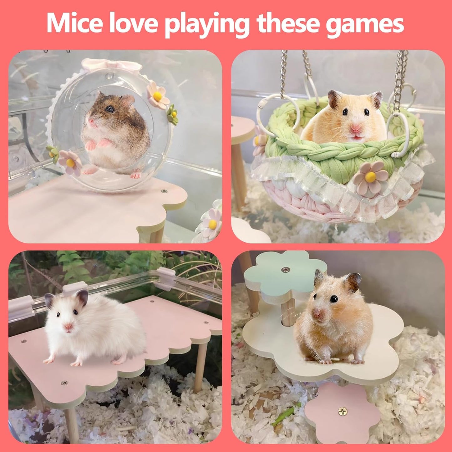 4-Pack Wooden Rat Cage Accessories - Platforms, Ladders & Hammocks Set for Chinchillas, Hamsters, Gerbils (for Iron/Wooden, Acrylic Hamster Cages + Customizable Layout) (11x6.7x5.5)