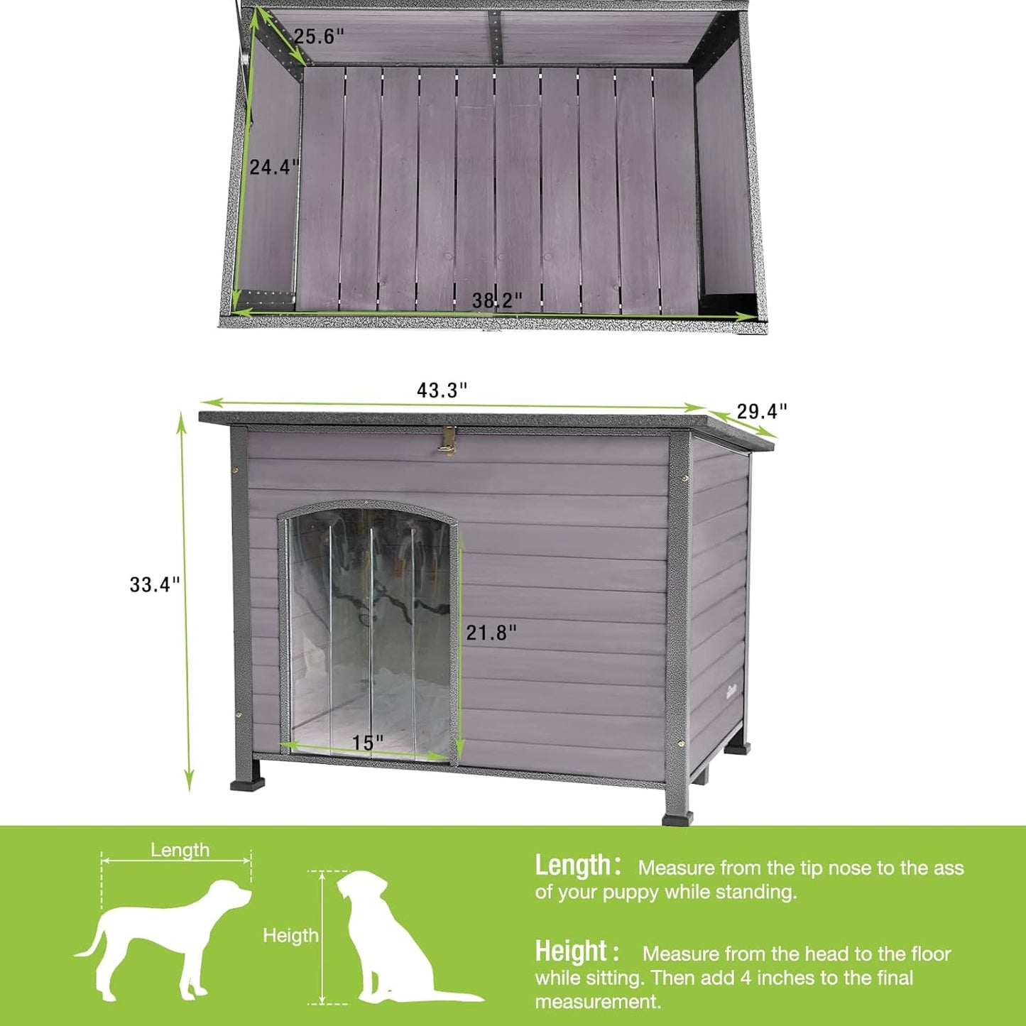 GUTINNEEN Chew Proof Dog House with Metal Iron Frame Outdoor Dog Kennel for Small Medium Large Indoor Dog Cage (43.3" L,Grey Color)