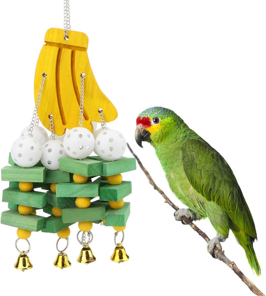 Hypeety Large Parrot Hanging Swing Toy Bells Chew Toy Colorful Hanging Wood Block Parrot Macaw African Greys Cockatiels Budgies Conure Banana Shape Natural Birds Cage Hanging Toy