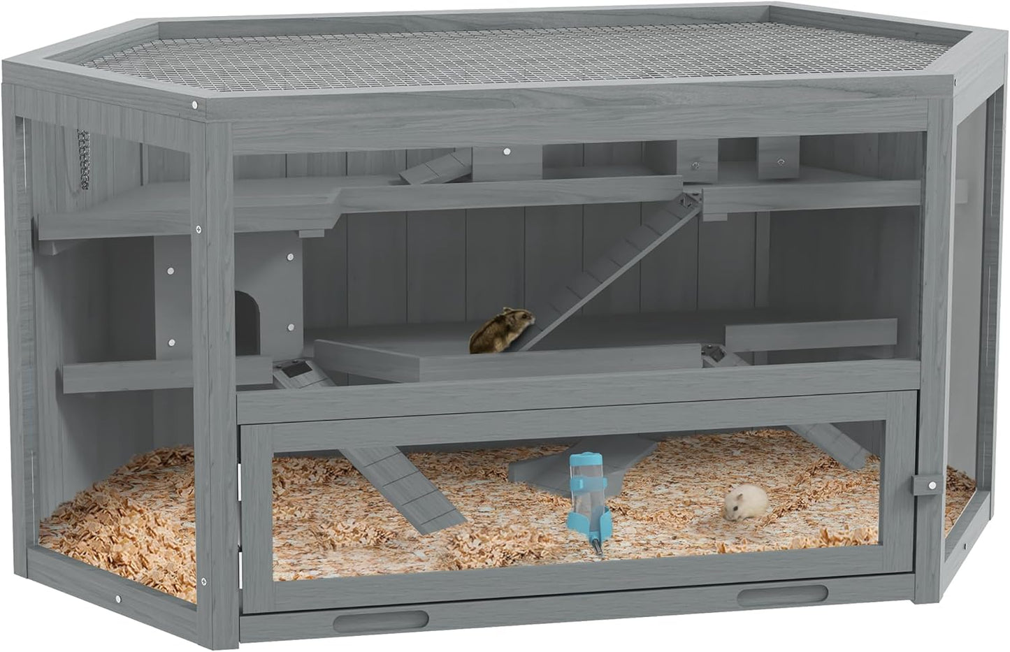 PawHut Wooden Large Hamster Cage Small Animal Exercise Play House 3 Tier with Tray, Seesaws, Water Bottle, Activity Center, Gray