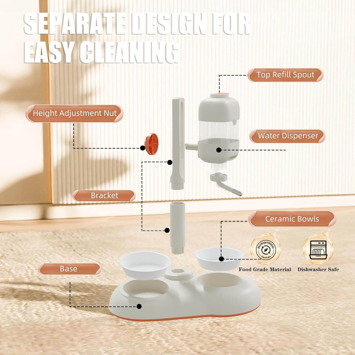 Pet Bowls with Weaning Bottles,3 in 1 Height Adjustable Water Dispenser for Dogs,15°Tilted Food Bowls for Small Dogs,Puppy Feeding,Pet Food Bowls for Cats,Rabbits,Ferrets