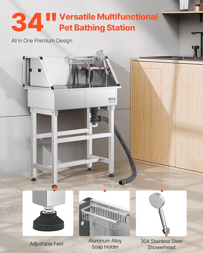 VEVOR Stainless Steel Dog Washing Station, 34 inch Pet Grooming Tub w/Faucet & Showerhead & Soap Holder & Play Balls Simple Dog Bathtub for Multiple Pets, Home Washing Sink