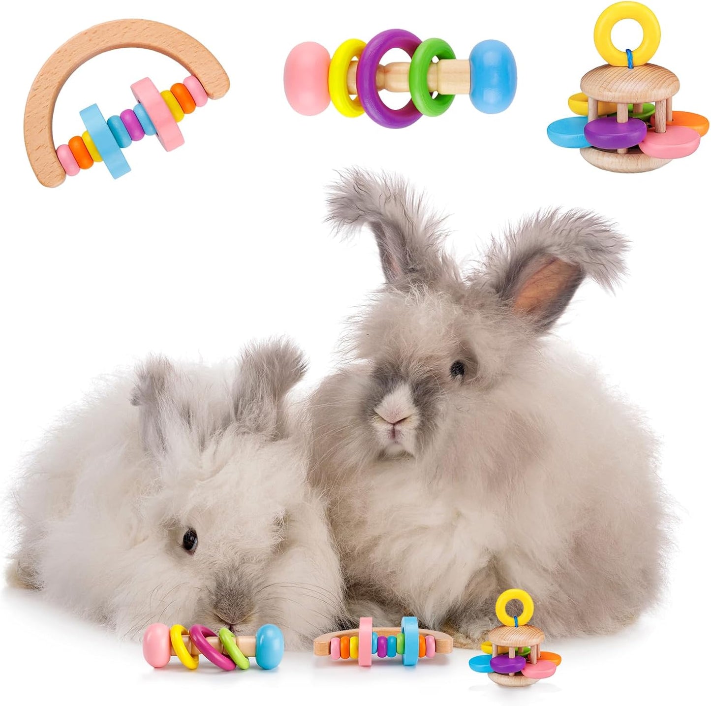 MEWTOGO 3 Pcs Wooden Bunny Toys - Safe Rabbit Toys, Bite-Resistant Guinea Pigs Toys for Chinchillas Hamsters Small Animals Playing Teeth Grinding Indoor Outdoor Bunny Gifts