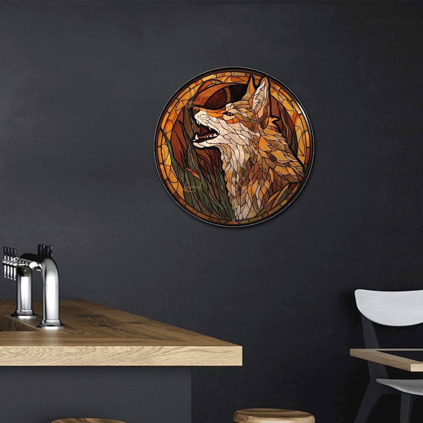 Lygond Metal Sign Tin Sign Circular Stained Glass Coyote Gardening Poster for Home Decor 8×8 Inches