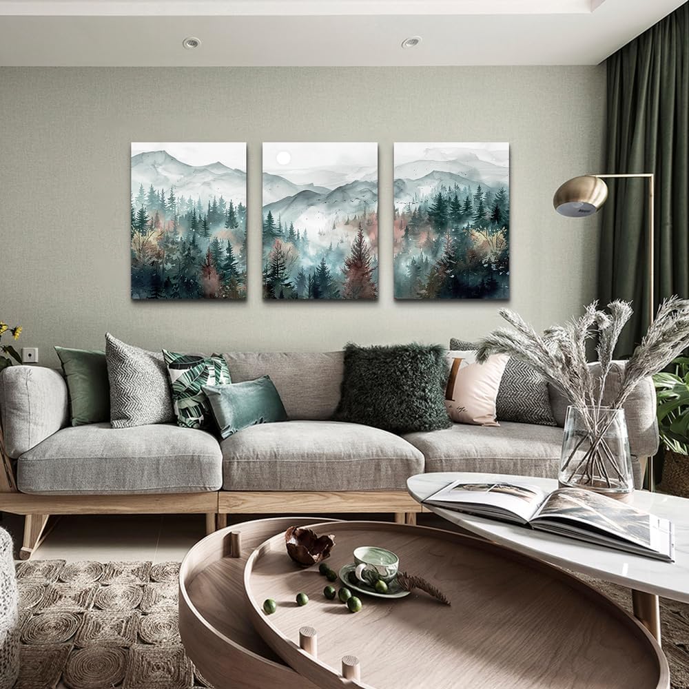 TTHYUEWS Farmhouse Wall Art For Living Room Canvas Wall Decor For Bedroom Wall Pictures for Office Fog Forest Mountain Landscape Watercolour Paintings Artwork Home Decorations Ready To Hang 3 Piece