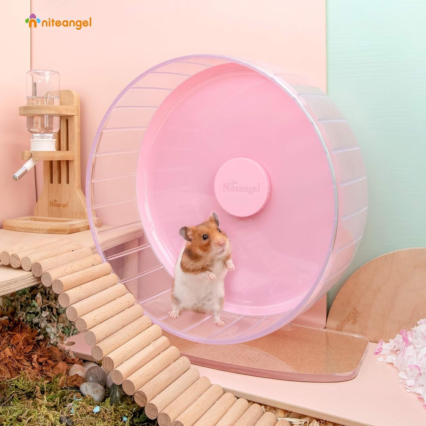 Niteangel Super-Silent Hamster Exercise Wheels: - Quiet Spinner Hamster Running Wheels with Adjustable Stand for Hamsters Gerbils Mice Or Other Small Animals (L, Pink)