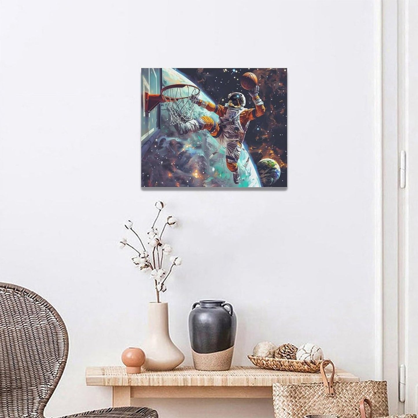 Quorin Astronaut Wall Art Funny Spaceman Basketball Pictures Space Galaxy Planet Wall Decor Canvas Print Painting Artwork for Bathroom Living Room Bedroom 16"x20"