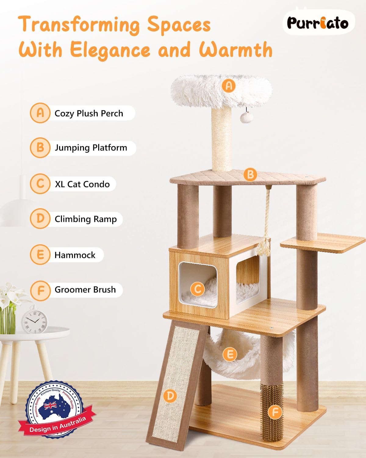 61" Wooden Cat Tree Tower for Indoor Cats, Luxury Modern Wooden Tower with XL Plush Lounge, Hammock & Scratching Posts for Maine Coon 20 lbs