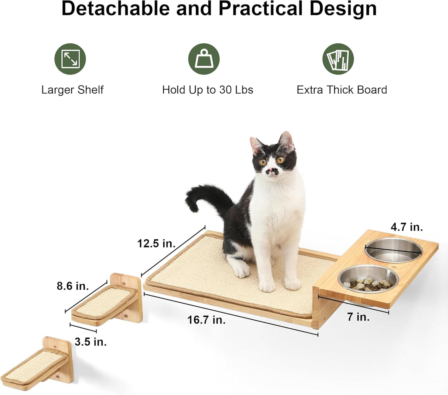 FUKUMARU Cat Wall Shelves, 3 In 1 Cats Walls Furniture Set, Food Station with 2 Steps , Solid Rubber Wood Perch, Suitable for Kitten Play, Nap, Eat, DIY Wall Jungle Gym