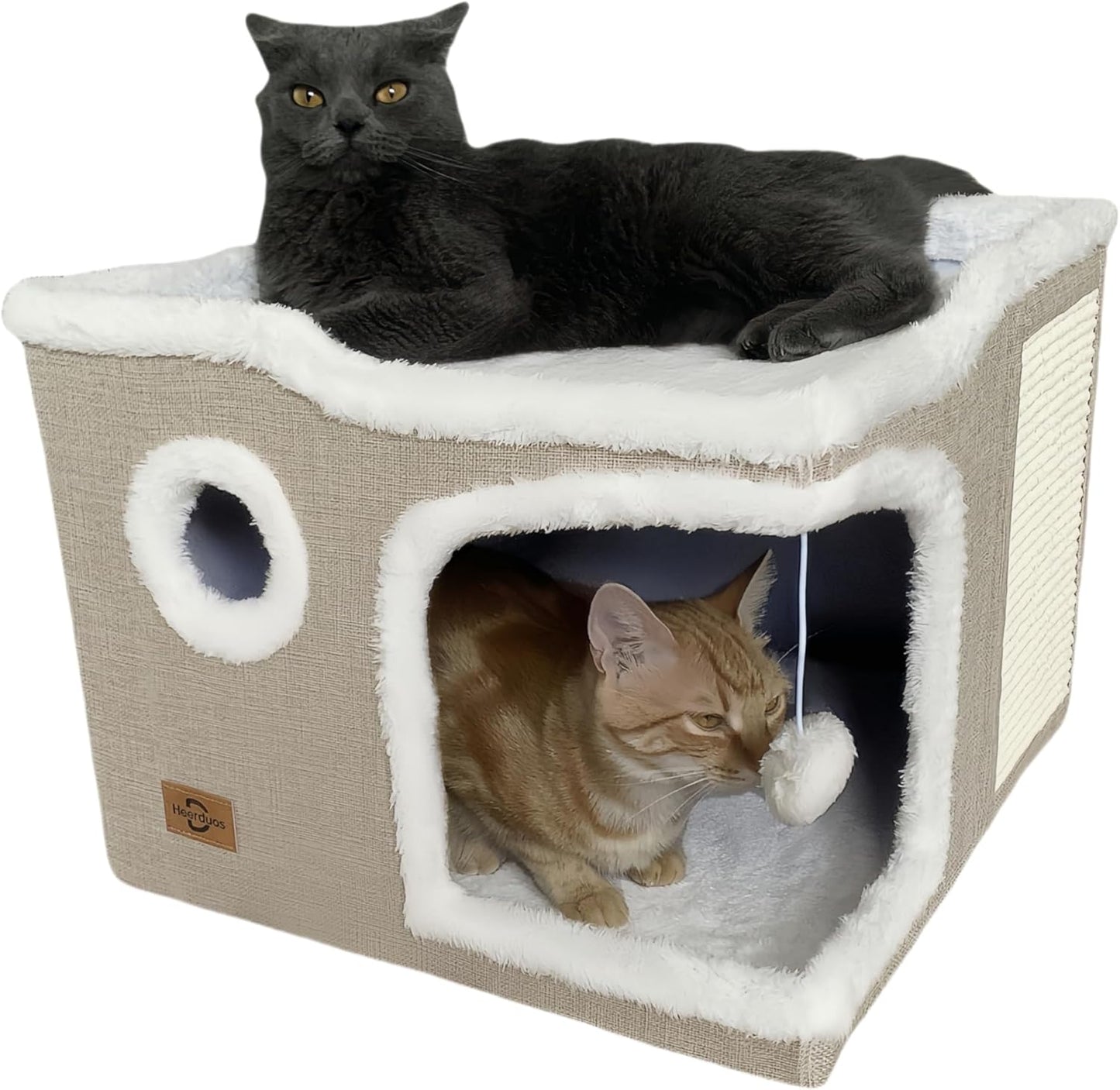 Cat Bed for Indoor Cats,Covered Cat Cave House & Furniture with Scratch Pad,Foldable Cat Hideaway Hut Cute Cat Condo with Soft Washable Mat for Multi Small Pet Under 30 lbs,Khaki