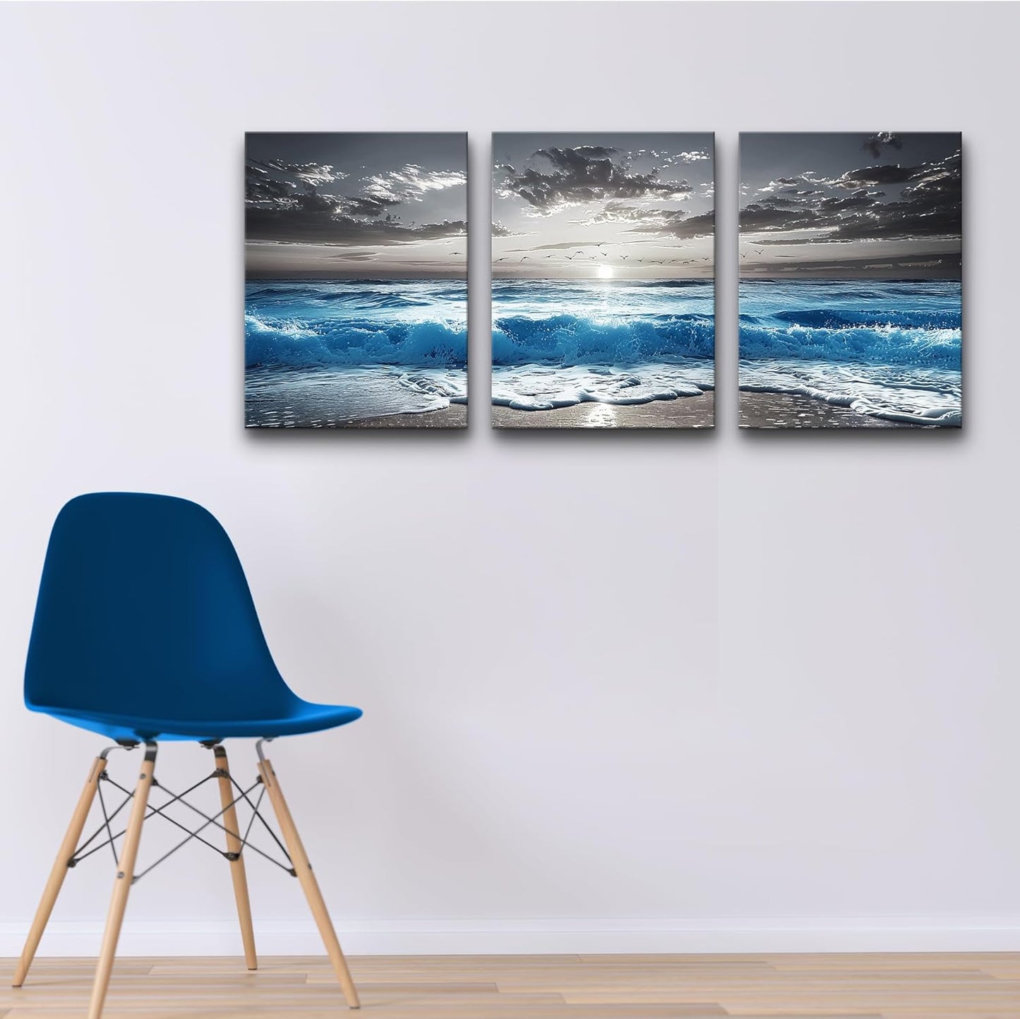 TTHYUEWS Black And White Beach Wall Pictures Wall Decor For Living Room Canvas Wall Art For Bedroom Office Decorations Blue Sea Wave Ocean Paintings Artworks Canvas Art Modern Home Decor 3 Pieces