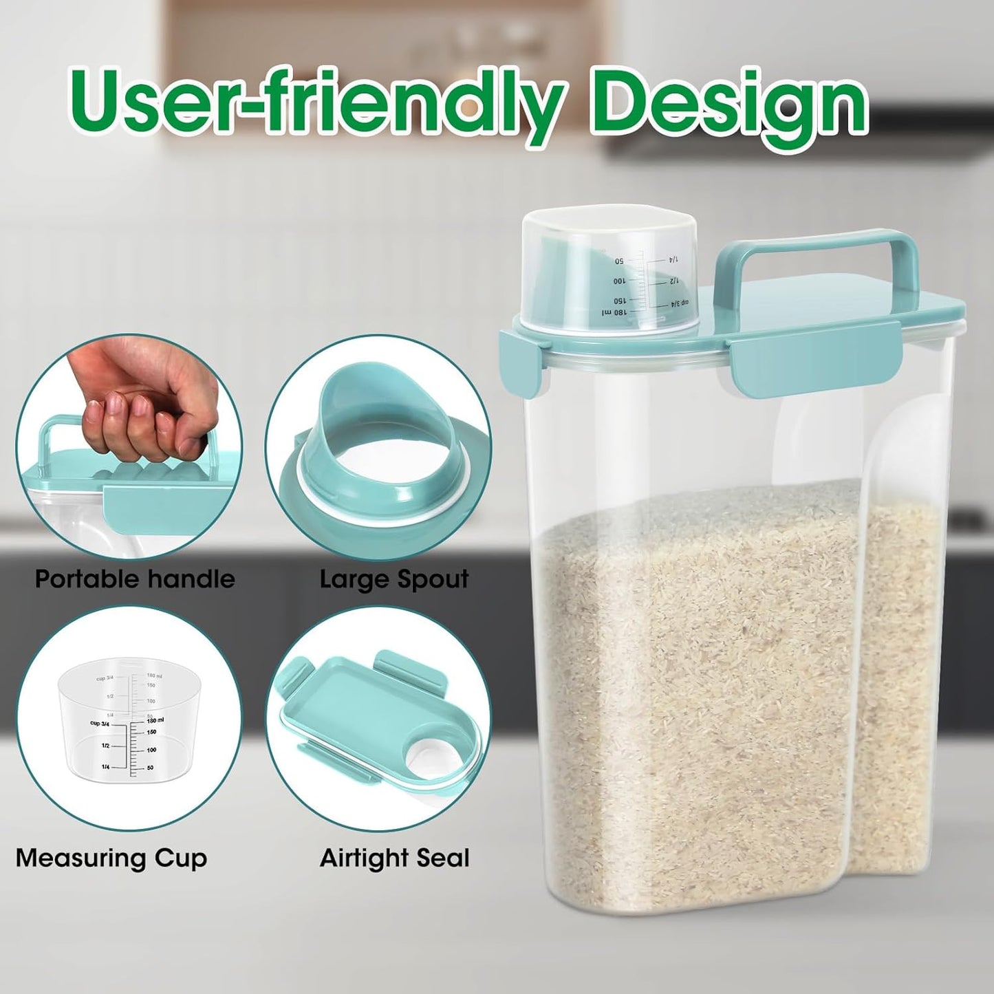 TBMax Rice Container 2 Pack, Airtight Cereal Container Oatmeal Storage with Easy-pouring Spout & Handy Cup for Flour Grain Beans, Pet Dog Cat Bird Food Storage Dispenser-Sky Blue