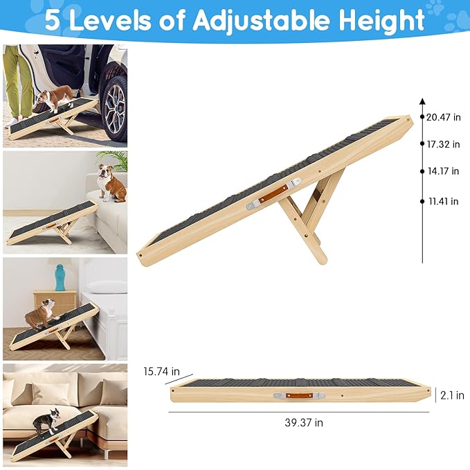 Dog Ramp for Couch, Bed, Wooden Long Pet Stairs for Small & Large Old Dogs & Cats, Hold up to 100lb, Adjustable Height from 11.41" to 20.47", Portable Doggie Steps (39.37" Long)