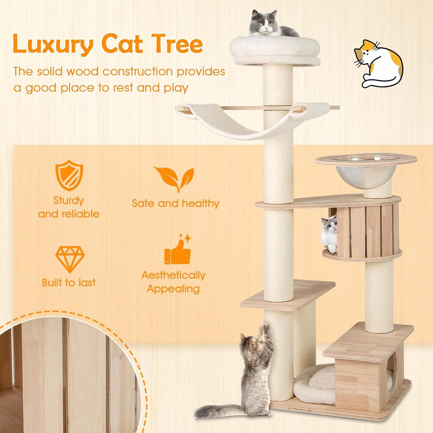 Tangkula 69” Tall Cat Tree, Multi-Layer Wood Cat Tower with Scratching Posts, Perch, Condo, Space Capsule, Hammock, Washable Cushions, Modern Cat Tree Tower for Indoor Cats Large Adult