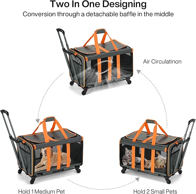MILADA Large Cat Carrier for 2 Cats, Soft Big Pet Carrier with Wheels, Double Cat Carrier on Wheels, Rolling Pet Carrier for Travel Hiking Shopping and Camping（Not for Air Travel）, Orange