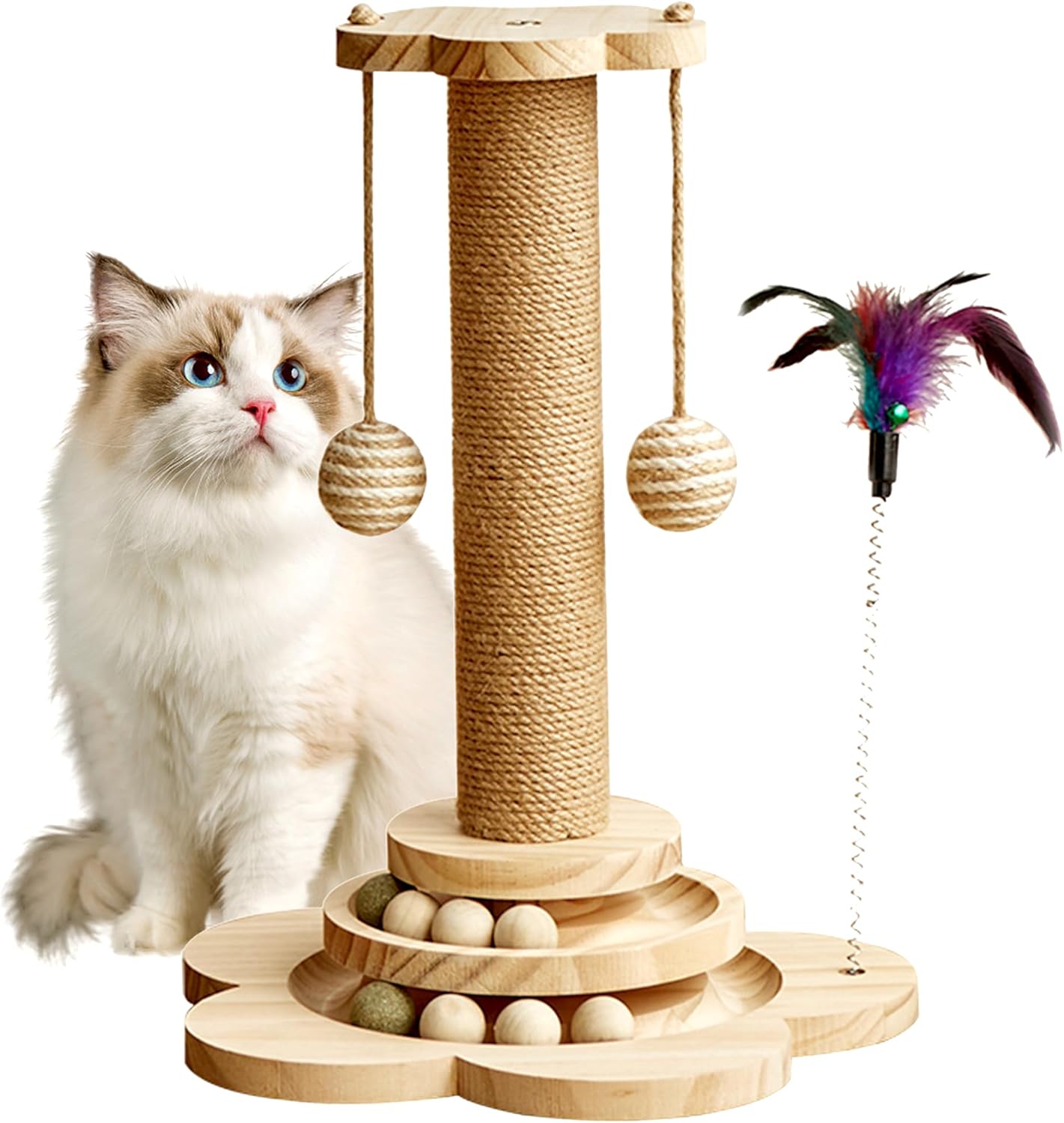 Cat Scratching Post, 4 in 1 Wooden Cat Scratcher Toy, 17.7" Tall Scratch Post with 2 Level Cat Track Balls, Interactive Feather Toy and 2 Sisal Hanging Balls for Indoor Kittens, Adult Cats