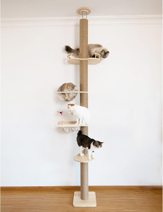 Floor-to-Ceiling Cat Tree with Natural Sisal Rope Scratching Post - Adjustable Height (55-119 Inches) - Modern Cat Activity Tree, Cat Scratcher Post