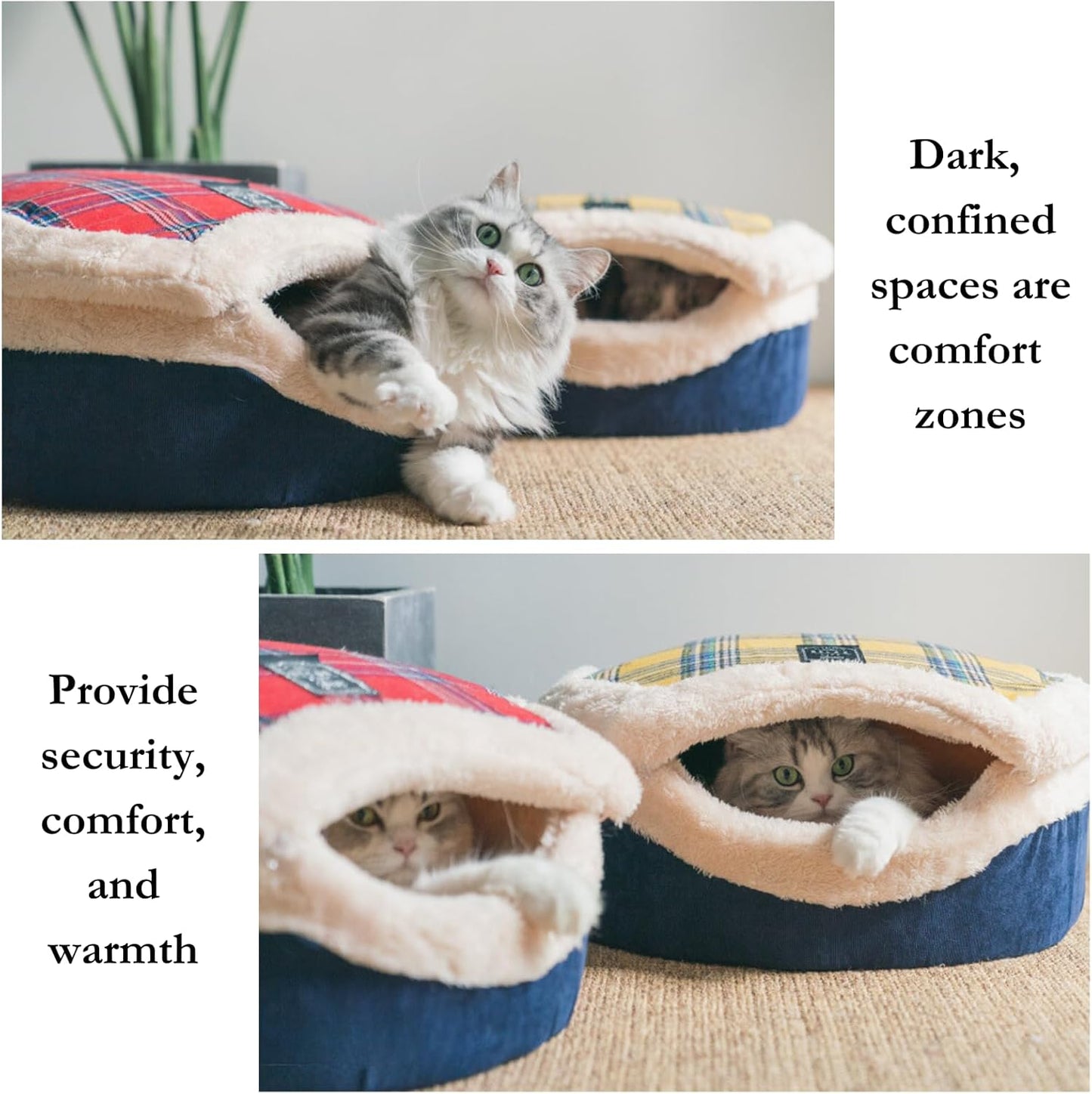 Cat Cave Bed – Plush, Warm & Calming Hideaway with Detachable Lid & Mat, Covered House for Indoor Kitten & Kitty (Redwhite)