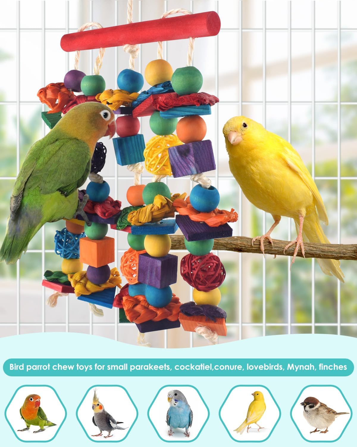 Bird Toys, 2PCS Parrot Foraging Hanging Toy, Multicolored Natural Wooden Blocks Parakeet Chewing Toys mit Rattan Wicker Balls, for Medium Small Cockatoos Budgie Lovebird Cockatiel Conure