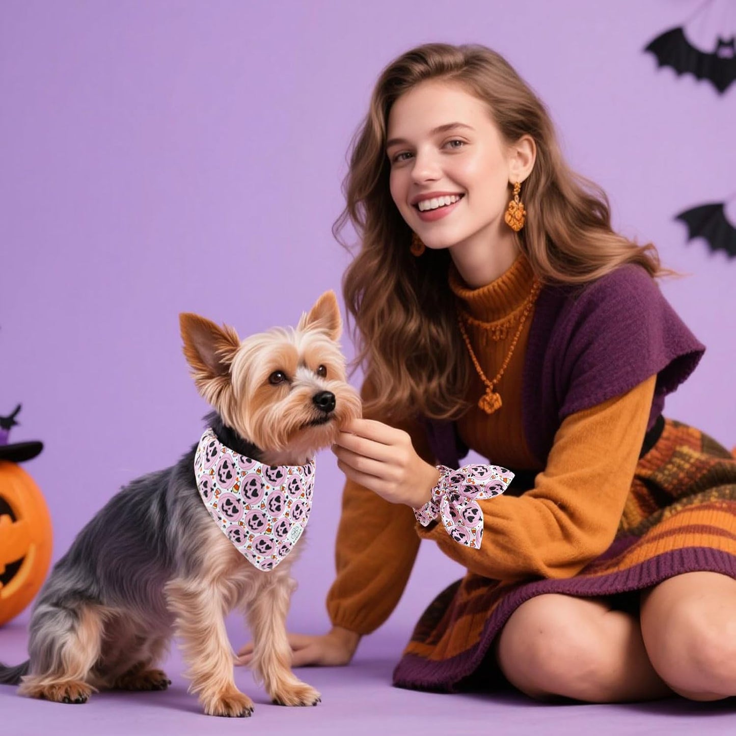 E-Clover Halloween Dog Bandanas & Matching Scrunchie Set Girl Cute Pink Pumpkin Dog Scarf Bibs Pet Bandana with Bow Tie for Medium Large Dogs Owner Mom
