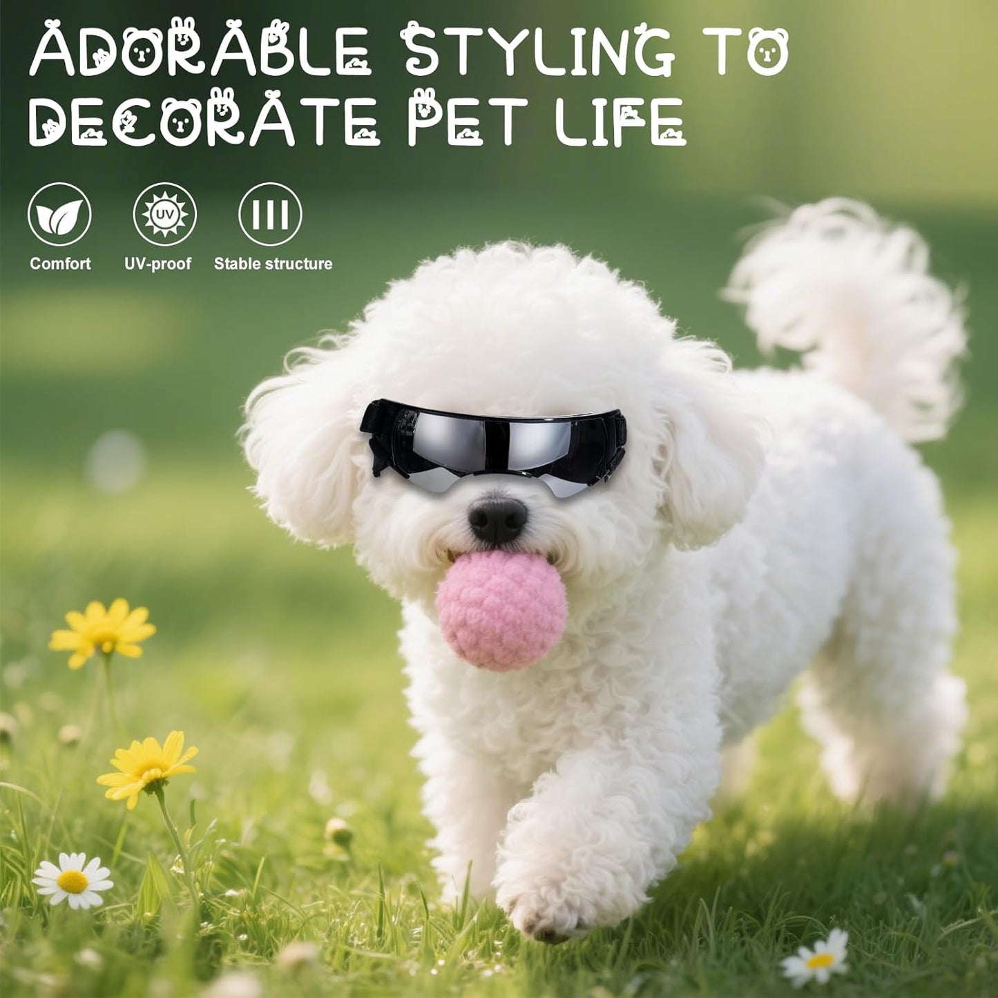 NVTED Dog Cat Goggle Sunglasses Small Breed, Puppy Windproof Anti-UV Glasses Adjustable Lightweight Anti-Fog Doggie Goggles for Small Dogs Cats Rabbits - Silver