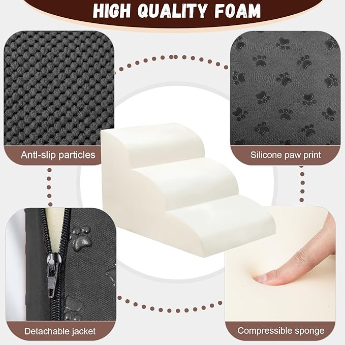 Dog Stairs for Small Dogs - High Density Foam Pet Steps, Extra Wide Dog Ramp with Non-Slip Bottom for High Beds, Couch and Sofa, Best for Dogs Injured, Older Doggy Cats,3 Steps, Black