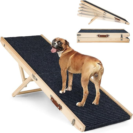 Folding Dog Ramp Safety for Bed, Wooden 5 Adjustable Height Pet Ramps, Potable Dog Steps with Non-Slip Traction Mat, Dog Step, Dogs Stairs for SUV Car, Couch, Safe,Height Bed(47.3 Inch Long)