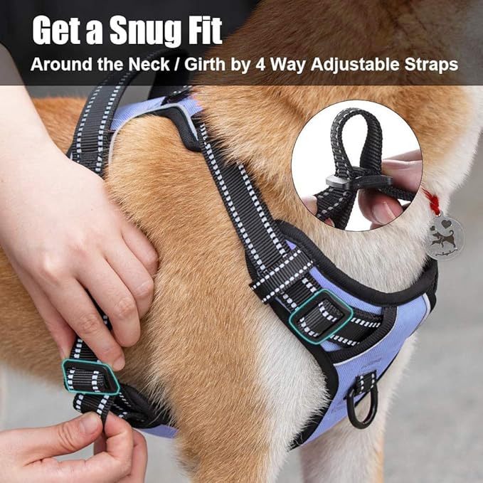 PoyPet No Pull Dog Harness, Reflective Comfortable Vest Harness with Front & Back 2 Leash Attachments and Easy Control Handle Adjustable Soft Padded Pet Vest for Small to Large Dogs (Light Blue,L)