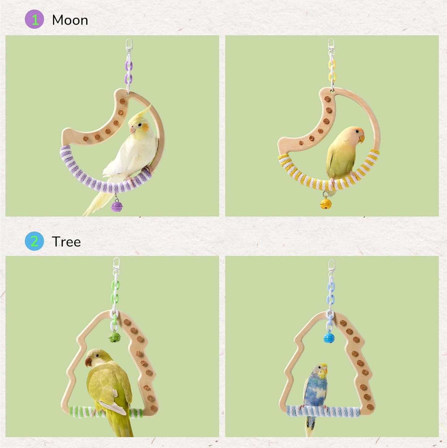 Natural Bird Swing - Moon-Shaped Parrot Perch with Bell and Cork Toys, Spinning Wooden Stand for Parakeets, Budgies, Lovebirds and Small/Medium Birds (White + Yellow)