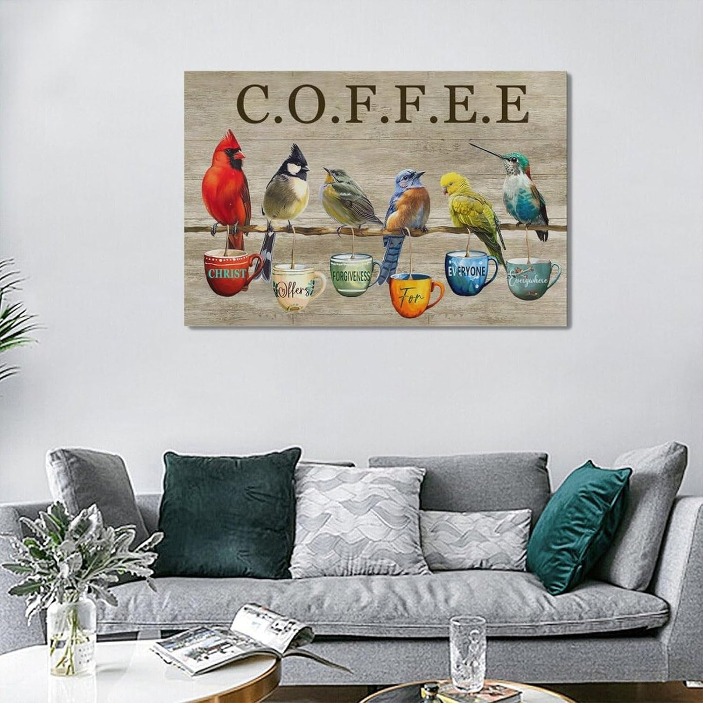 Rustic Bird Coffee Wall Art Kitchen Christ Coffee Pictures Wall Decor Farmhouse Cardinal Hummingbird Canvas Print Painting Artwork for Coffee Bar Living Room Bedroom 16"x24"