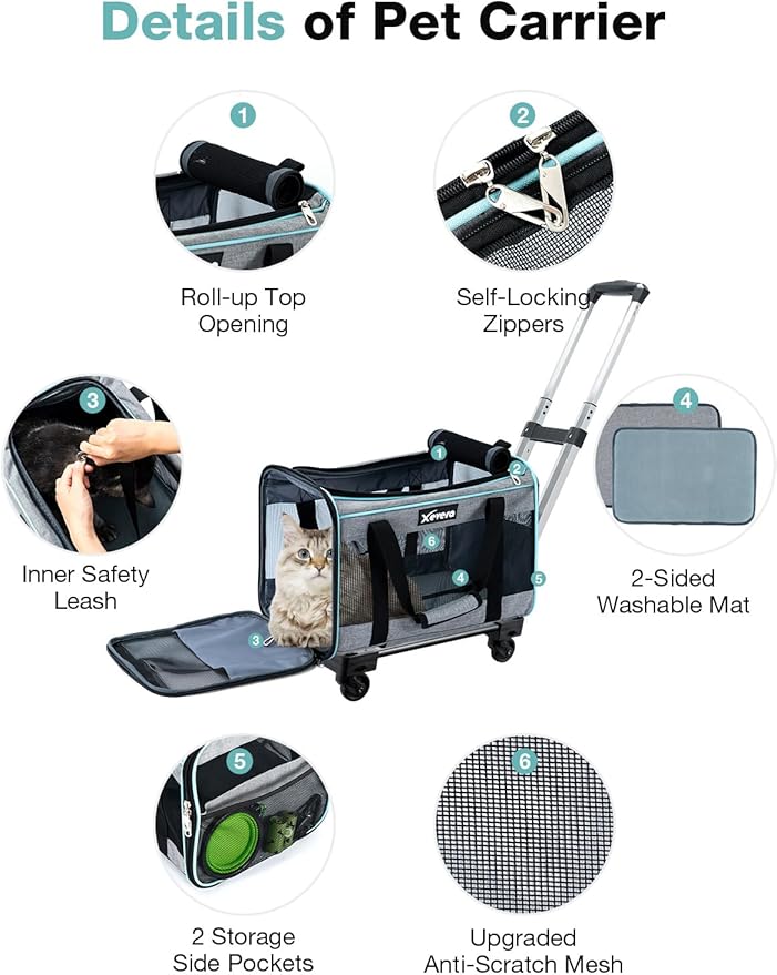 Dog Cat Carrier with Wheels, Airline Approved Pet Carrier for Cats Dogs 15lbs 20 lbs with Double-Sided Mat, Safety Leash and Shoulder Strap, Grey