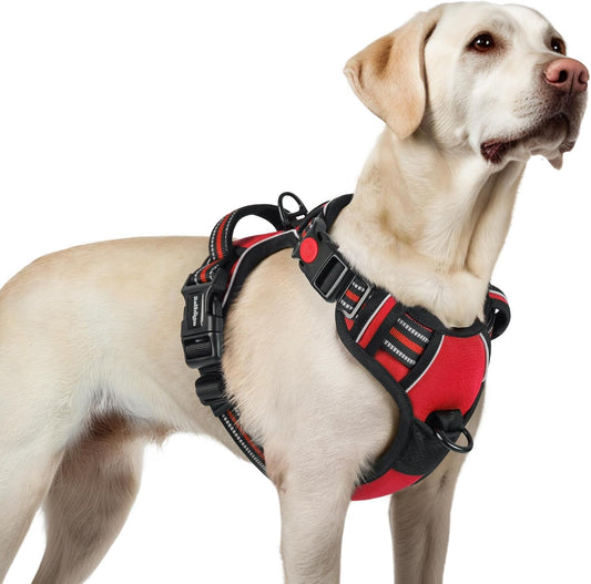 rabbitgoo Dog Harness for Large, No Pull Pet Harness with 3 Buckles, Adjustable Soft Padded Vest with Control Handle, Walking Reflective Pet Vest for Large Dogs, Red, L