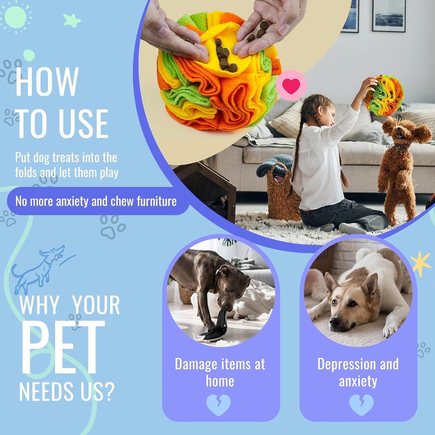 Pet Snuffle Ball, Puzzle Sniffing Interactive Dog Ball for Blind Dogs Training Stress Relief Dog Enrichment Toys Treat Machine Washable (15cm, Yellow Orange Green)