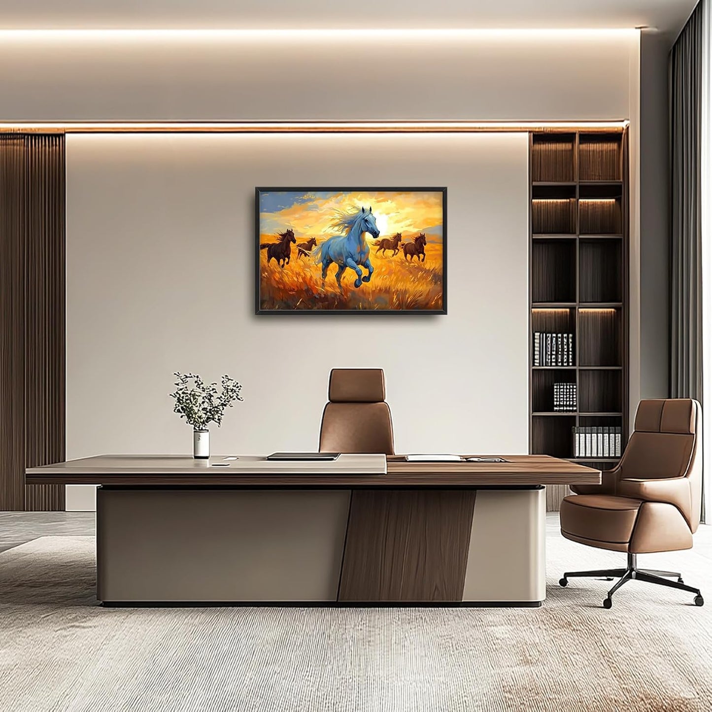 Framed Large Horse Wall Art for Living Room, Oversized Running Horses Wall Decor, Sunset Field Landscape Canvas Painting Home Decoration for Living Room Bedroom Dining Room Office 36"x24"