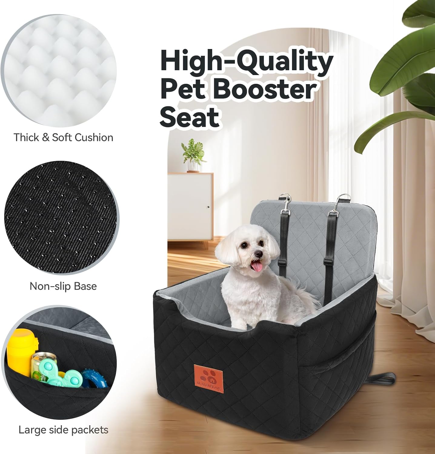 Dog Car Seat for Small/Medium Dogs Under 35lbs,Memory Foam Dog Booster Seats,Detachable and Washable Traval Pet Car Seat, Dogs Bed with 2 Safety Belts(Balck/Grey)