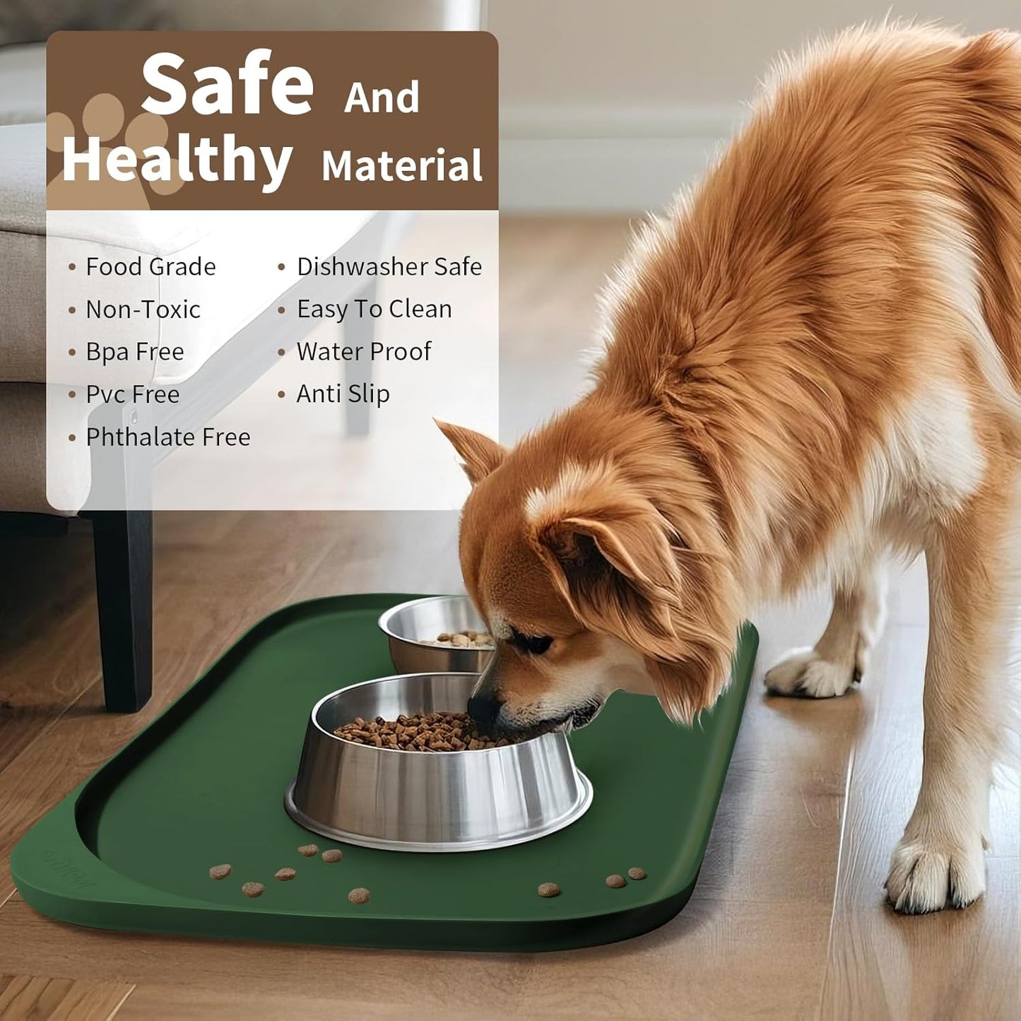 Silicone Pet Feeding Mat with Raised Edge & Residue Collection Pocket for Food and Water, Dog Bowl Mats, Cat Bowls Placemat with High Lip for Floor Waterproof, 19 x 12 x 0.7 Dark Olive