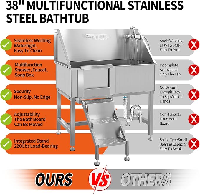 38 Inch Dog Bathing Station for Large Dogs, Stainless Steel Dog Pet Washing Station, Professional Dog Grooming Tub, Pet Wash Bath Station,Left Door