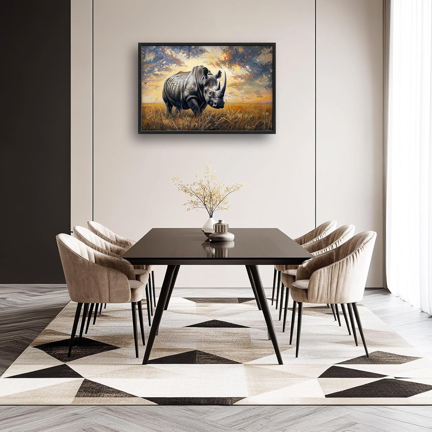 Rhino Large Wall Art Rustic Cool Wild Animal Rhinoceros Pictures Sunset Field Landscape Wall Decor Canvas Print Painting Artwork for Bathroom Living Room Bedroom 36L" x 24W"