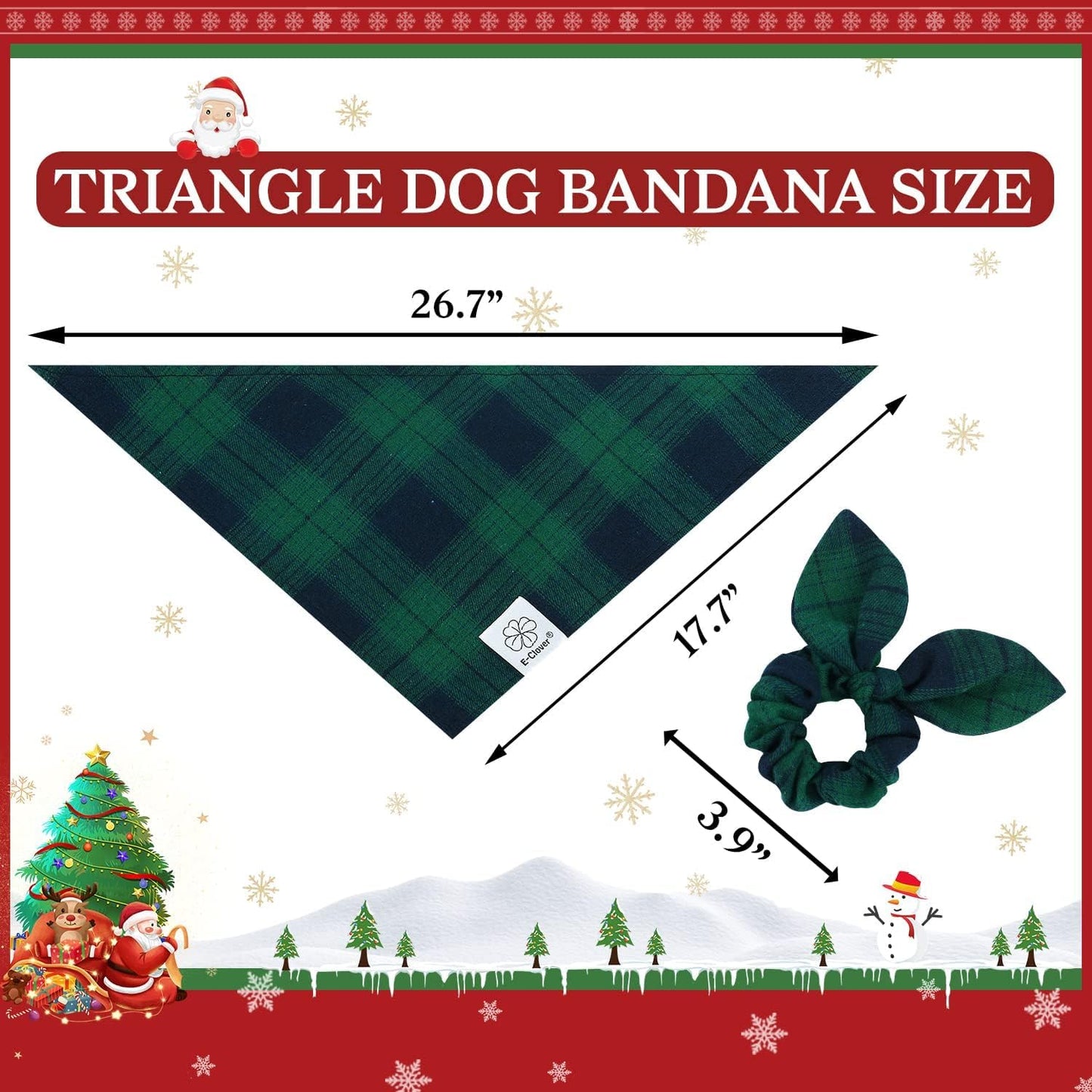 E-Clover Summer Dog Bandanas Boy & Matching Scrunchie Set Plaid Dog Bibs Scarf Triangle Kerchief Bandana for Medium Large Dogs Birthday Gifts Pet Owner Mom Green