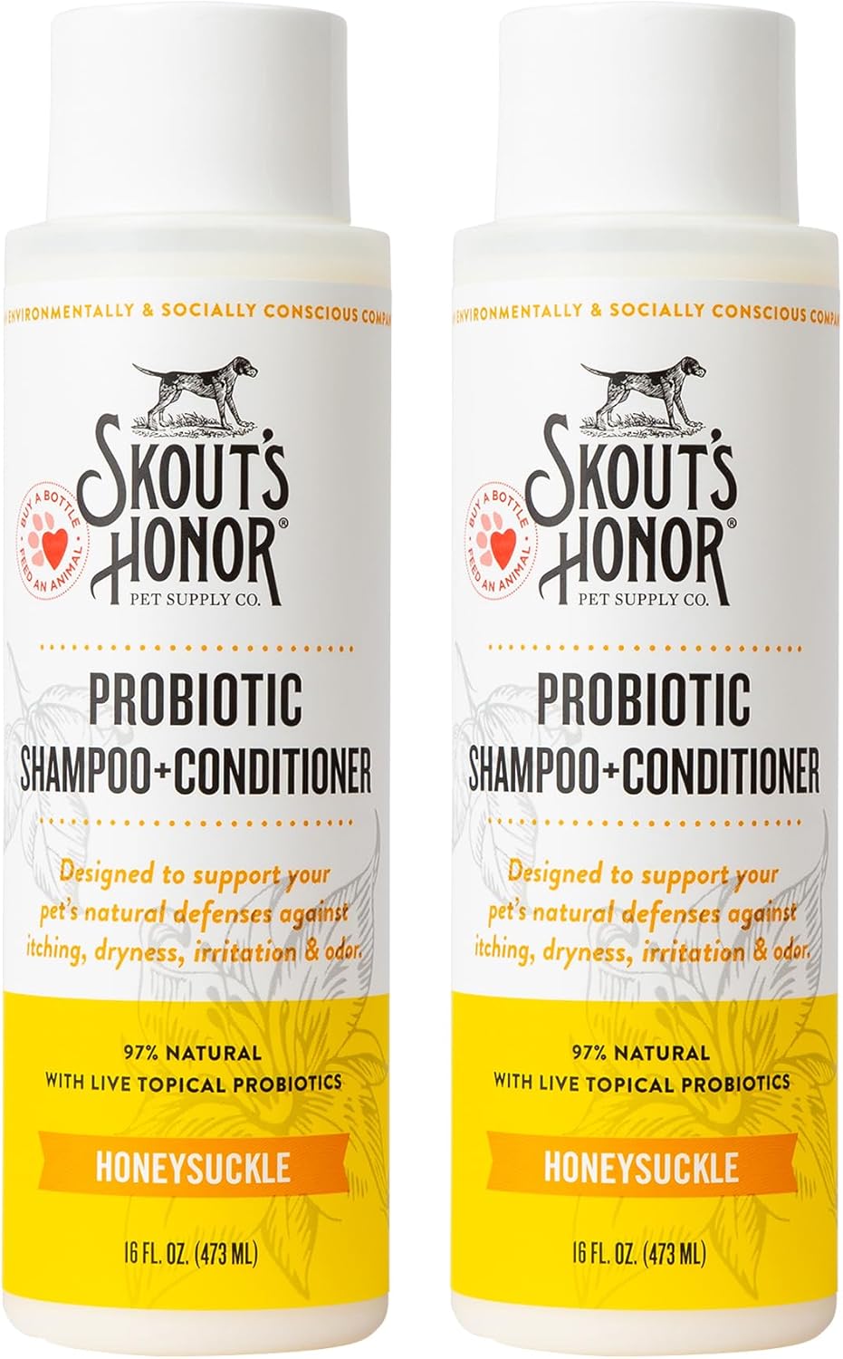 Skout's Honor Probiotic Dog Shampoo & Conditioner with Avocado Oil & Omega-3s, 97% Natural, Paraben & Sulfate-Free, Cruelty-Free, 16oz, Honeysuckle 2-Pack