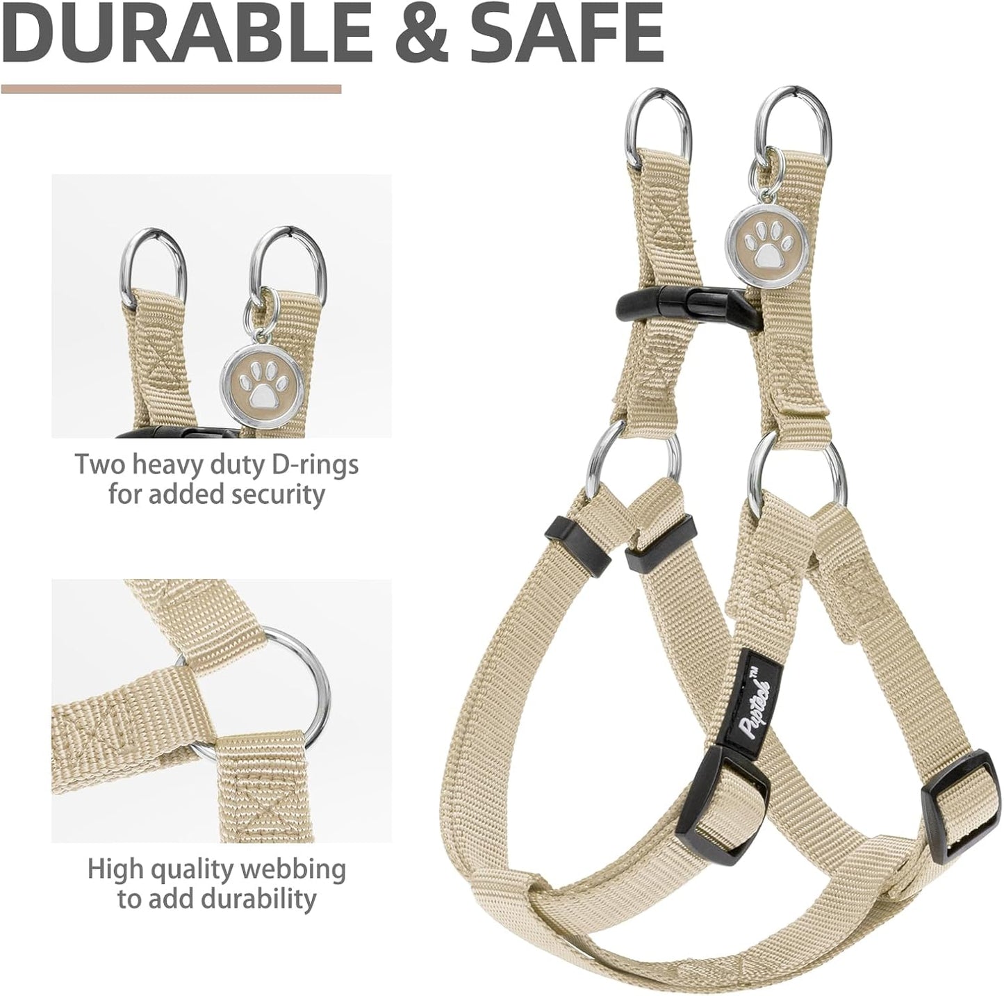 PUPTECK No Pull Dog Harness Soft Adjustable Basic Nylon Step in Puppy Vest Outdoor Walking with ID Tag and A-ir Tag Case, Cream, L