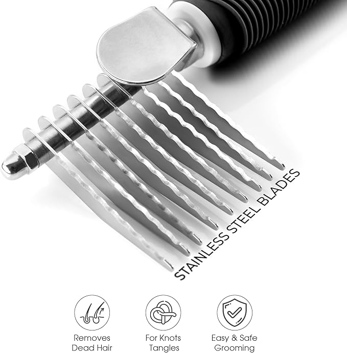 Poodle Dematting Fur Rake Comb Brush for Dogs and Cats - Long 2.5" Steel Safety Blades Metal Comb for Detangling Matted or Knotted Undercoat Hair