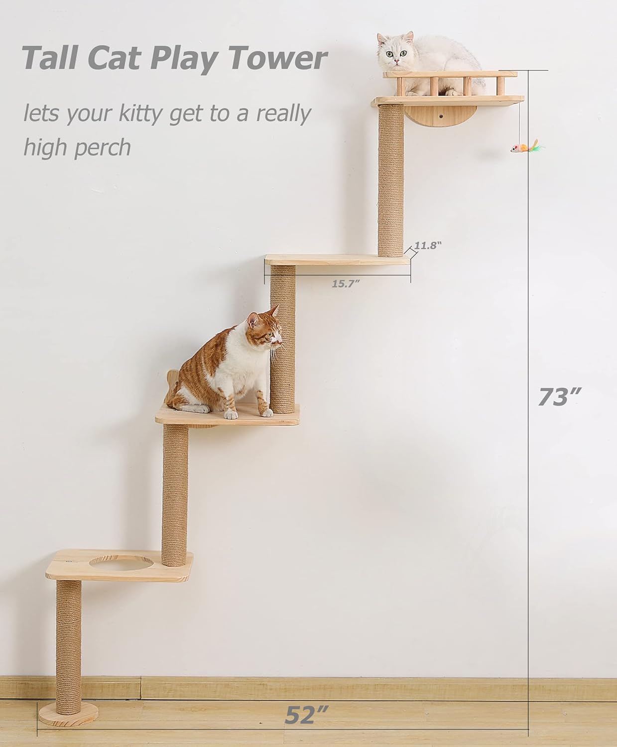 Cat Tree Wall Mounted with 4 Levels Shelves, 73" Wood Corner Tower Inside Kitten Playground for Climbing,Playing and Lounging (Left to Right)