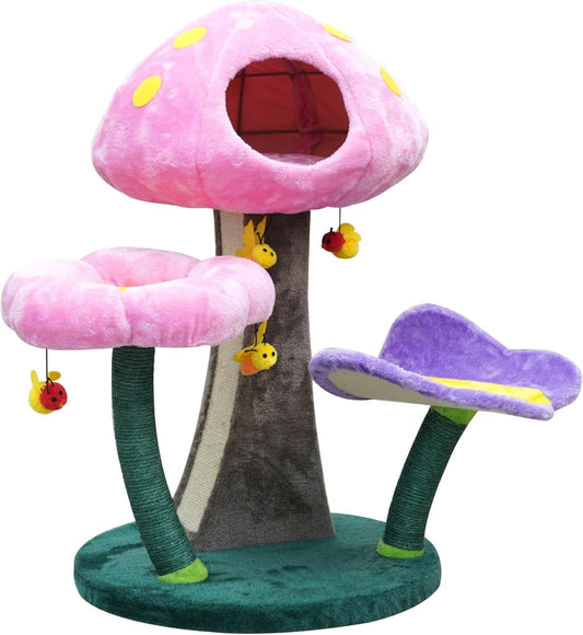 Catry® Wonderland 3-Level 31" Cat Tree with Mushroom Condo, Flower Perch, Sisal Scratching Pad, Parts Replaceable, Garden Style with Bee Toys. Multi- Color