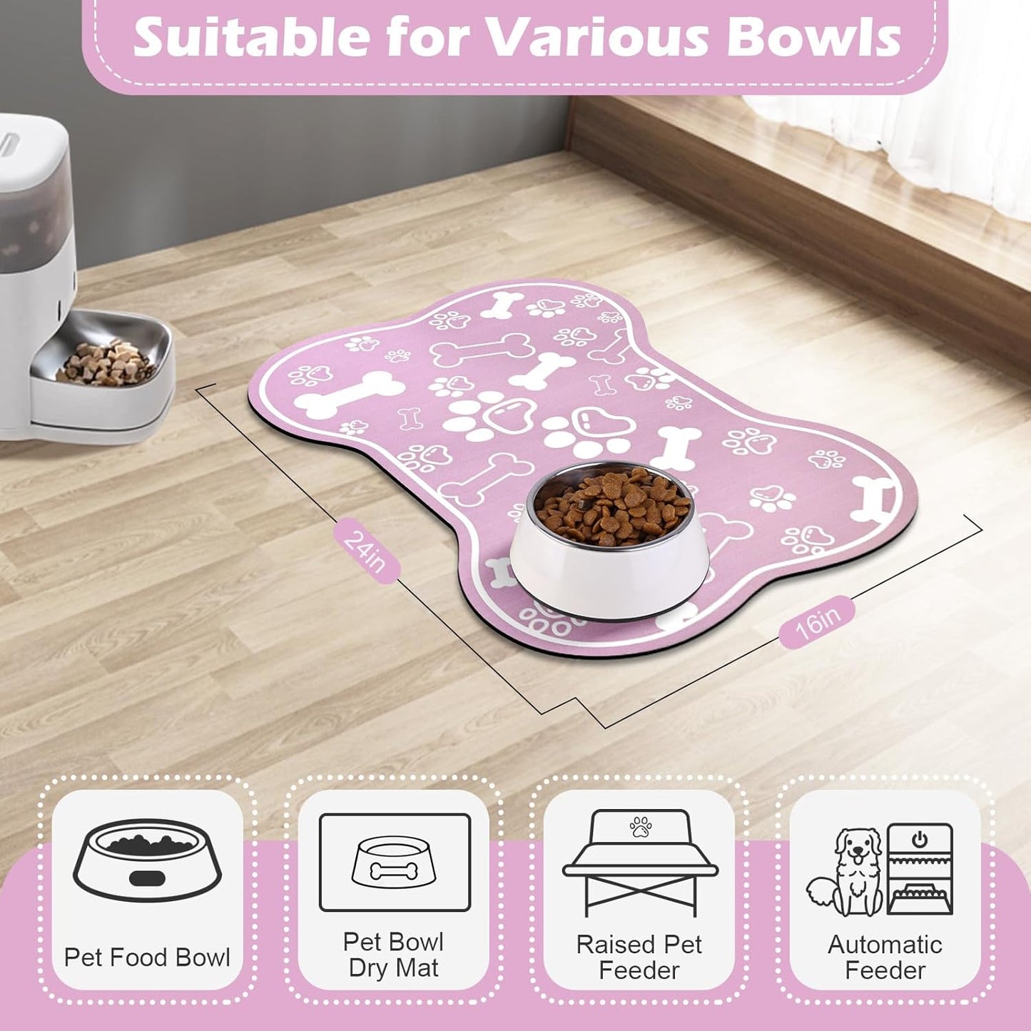 Dog Cat Mat for Food and Water,Rapid Absorbent Pet Feeding Mat, Bone Shaped Dog Placemat Bowl Mat with Rubber Backing,No Stains Pet Food Mats Indoor, Pet Accessories Supplies,Pink 16"×24"
