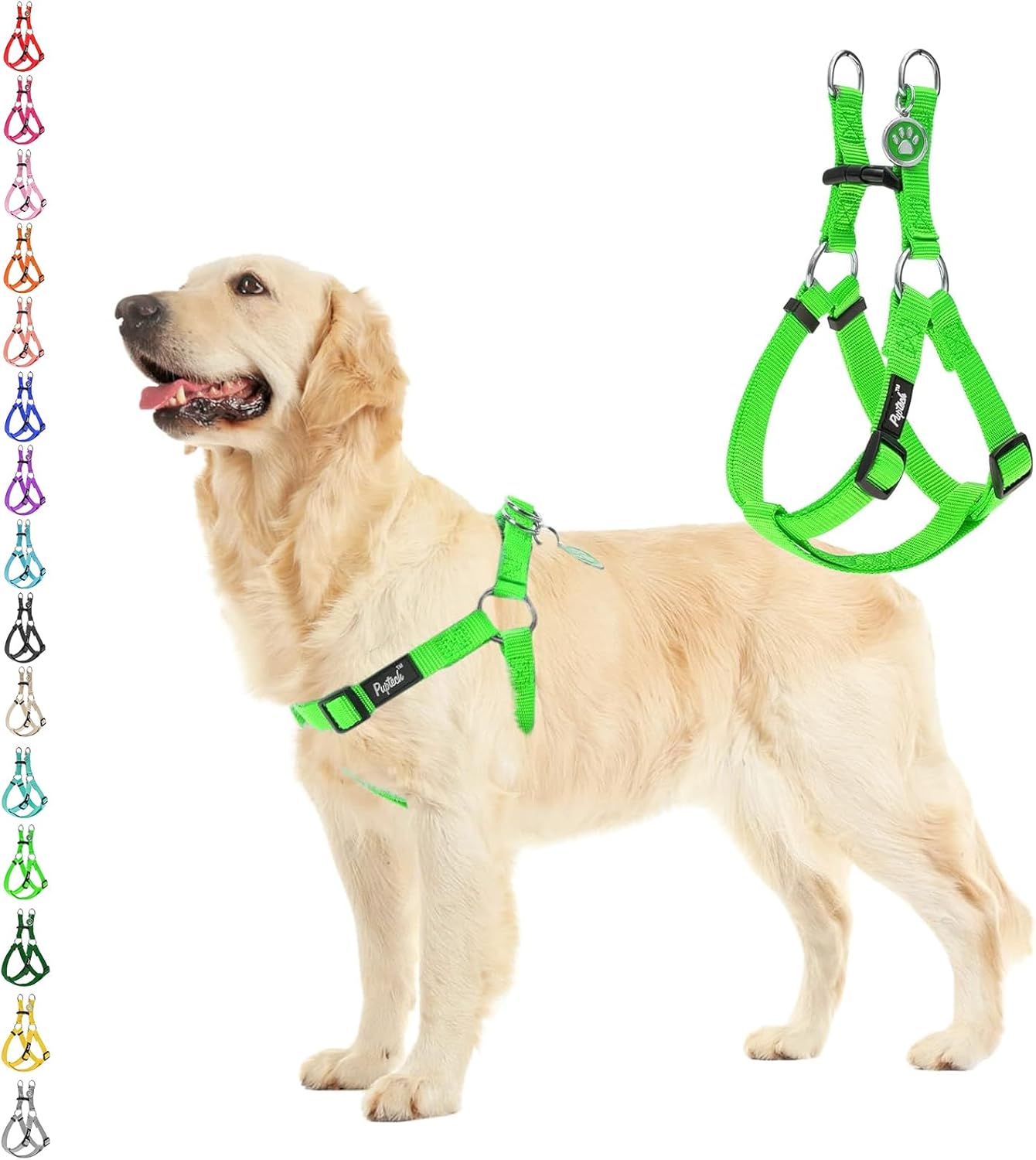 PUPTECK No Pull Dog Harness Soft Adjustable Basic Nylon Step in Puppy Vest Outdoor Walking with ID Tag, Green, M
