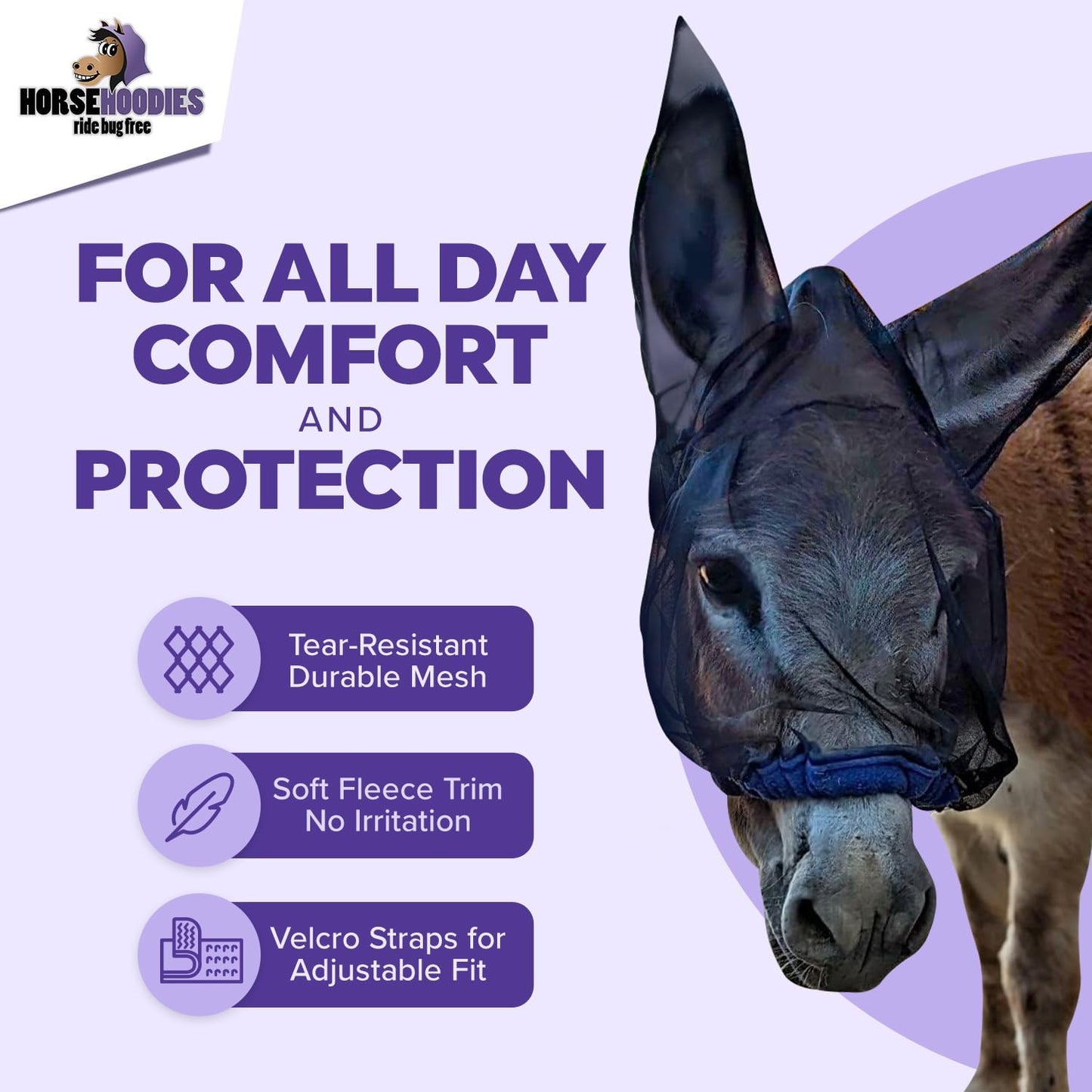 Donkey Fly Mask with Long Ears (Purple) Made in USA - Mule Fly Mask with Ears Protection from Insects and Bugs, Small Donkey Soft Mesh Fabric with Adjustable Fastener, Face Cover Supplies for Donkeys