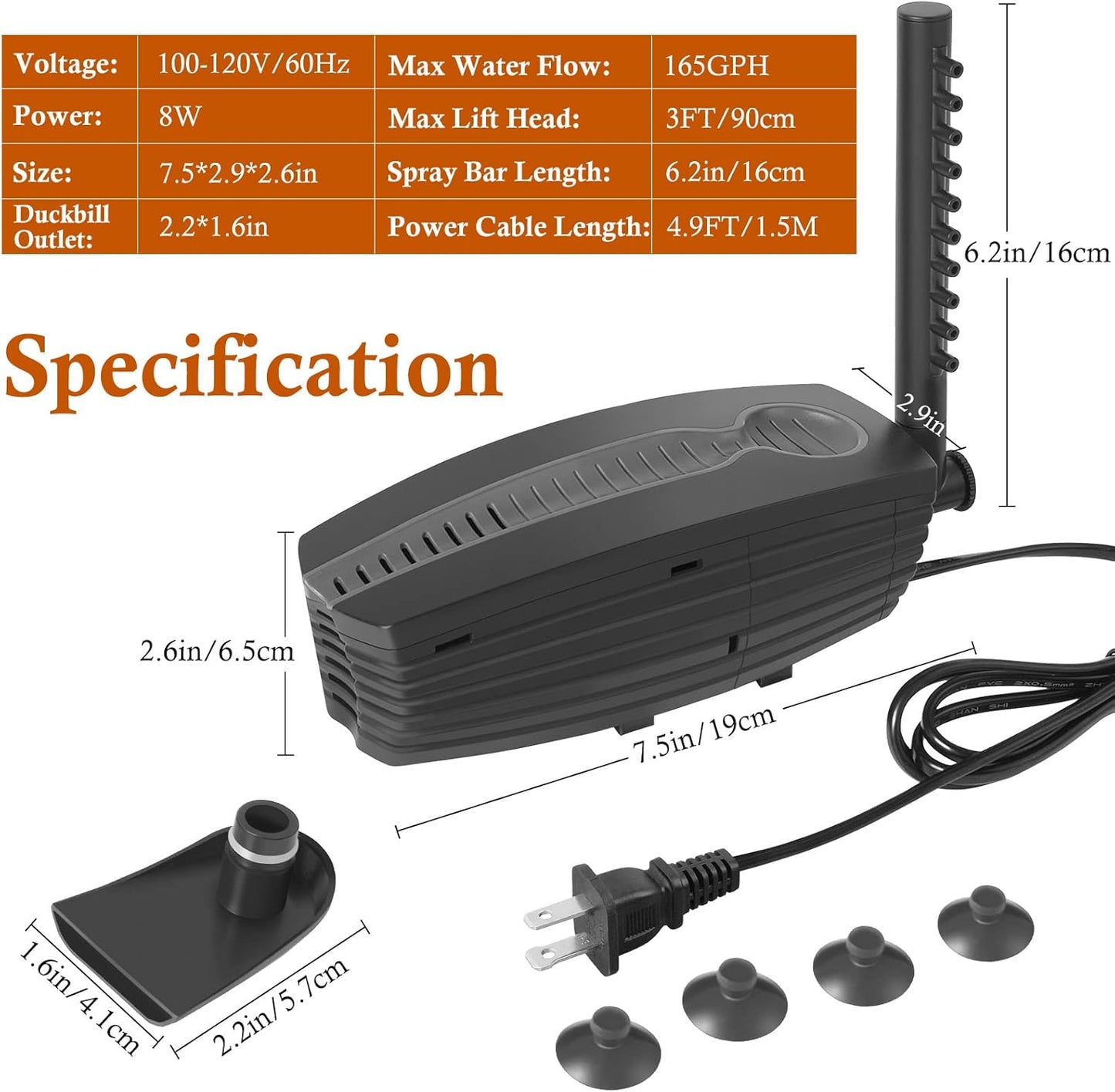 FEDOUR 165GPH Aquarium Filter U-V, 8W Adjustable Fish Tank Filter, U-V Submersible Internal Filter for 10-50 Gallon Tank, with Biochemical Cotton