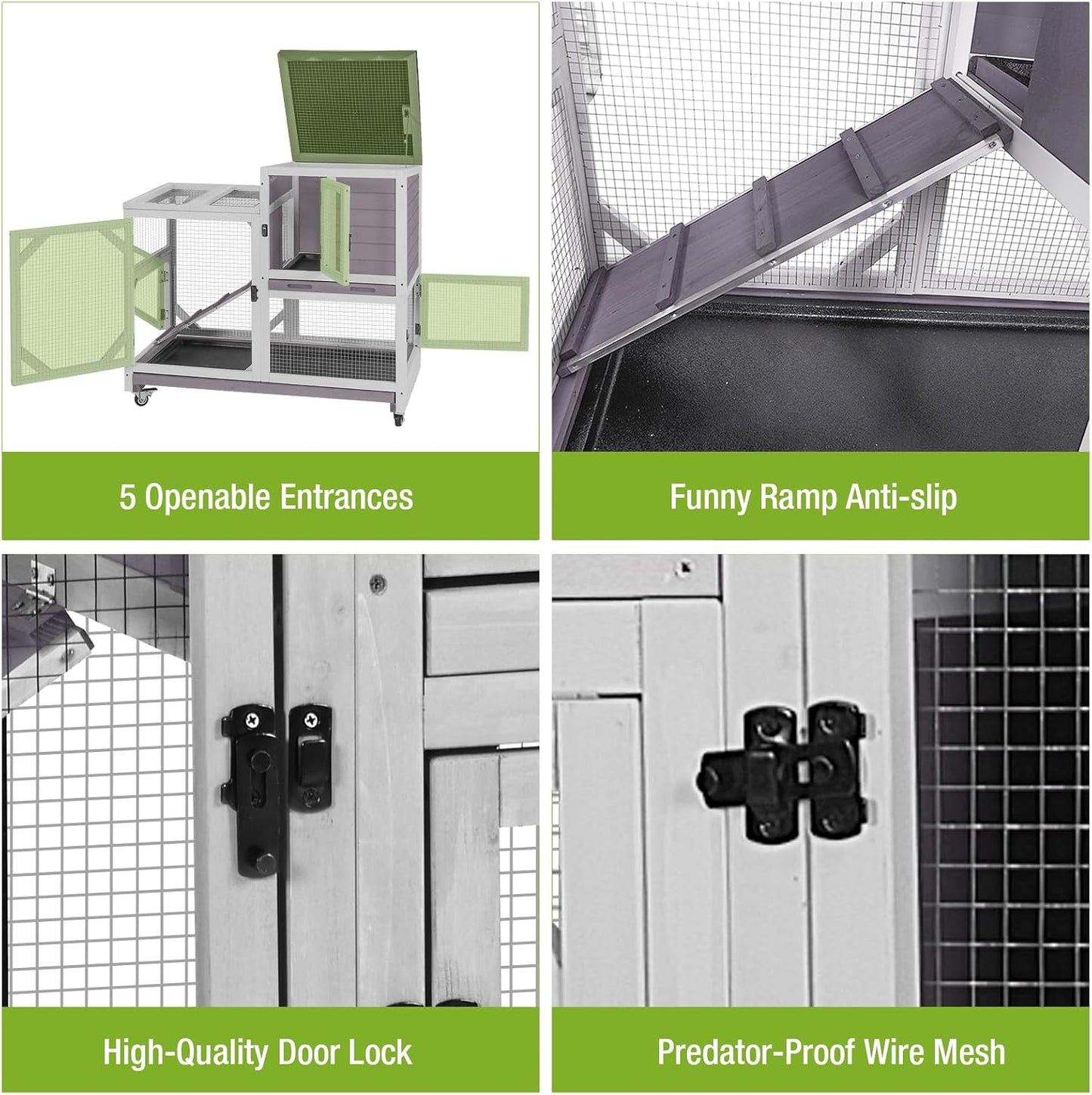 GUTINNEEN 2-Story Rabbit Hutch Indoor with Chew-Proof Design & Slide-Out Trays - Wooden Small Animal Cage Guinea Pig Cages with Lockable Wheels for 2-3 Rabbits, Bunnies, Guinea Pigs (Grey)